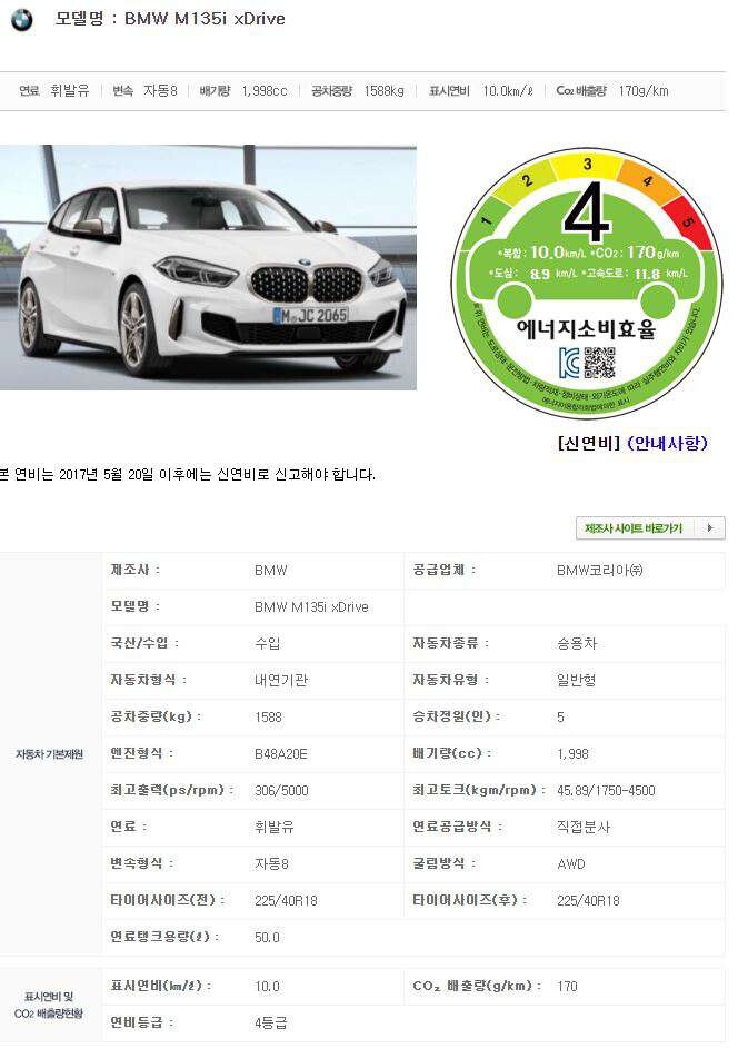 BMW 120i, M135i xDrive 인증 통과 (스펙 공유)  이미지1