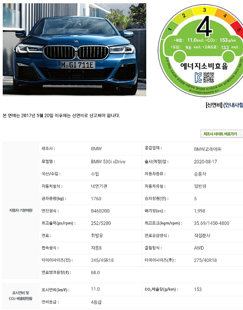 [속보] BMW 5시리즈 LCI 연비 인증 통과  이미지1