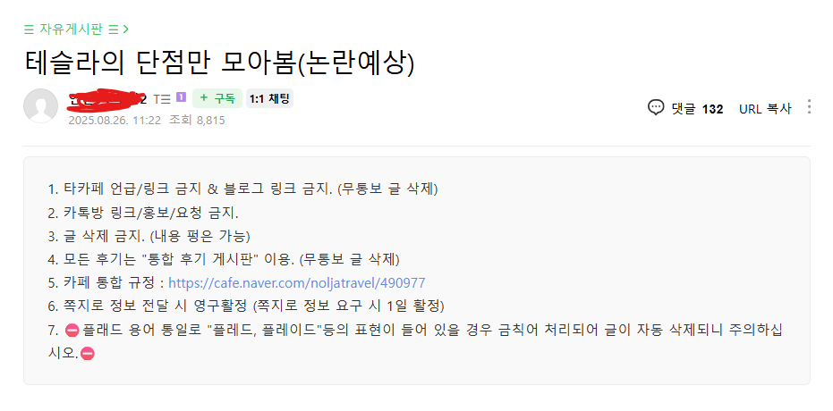 현재 논란중인 테슬라 카페에 올라온 테슬라 단점 모음  게시글 썸네일