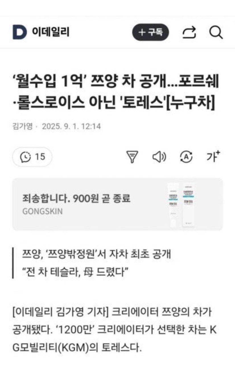 월 수입 1억 유튜버 쯔양 차 공개 ㄷㄷㄷ 게시글 썸네일