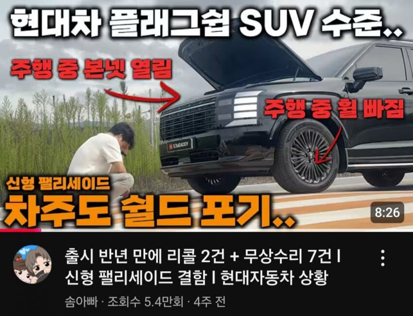 출시 반년만에 리콜, 무상수리 9번해서 현타 온 팰리세이드 차주  게시글 썸네일