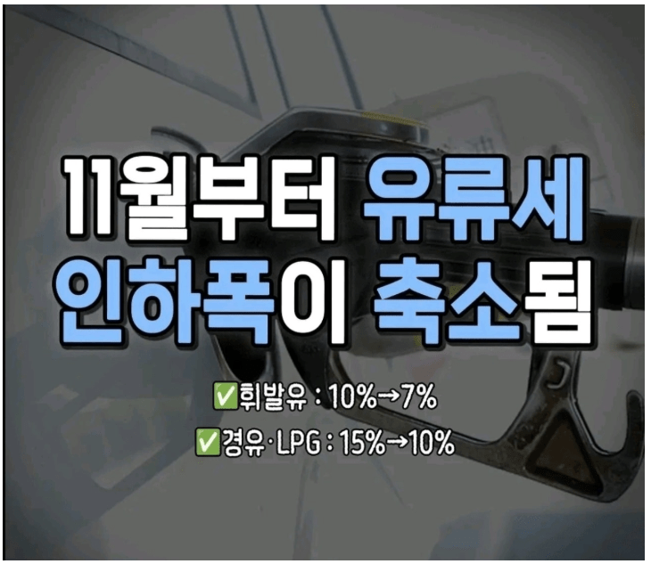 11월부터 유류세 인하폭 줄어듭니다. 금요일까지 가득 넣어주세요~~  게시글 썸네일