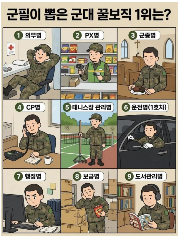군필들이 뽑은 군대 꿀보직 1위는? jpg 게시글 썸네일